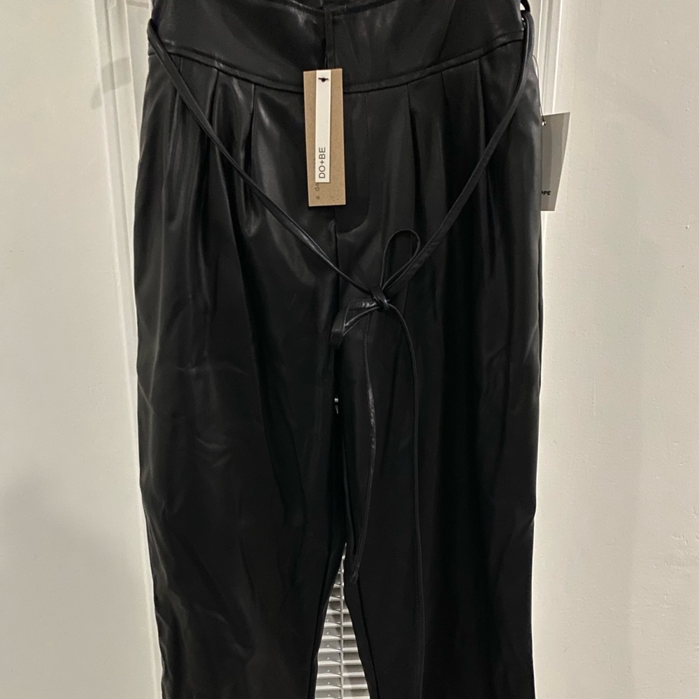 Waist-tied faux leather trouser